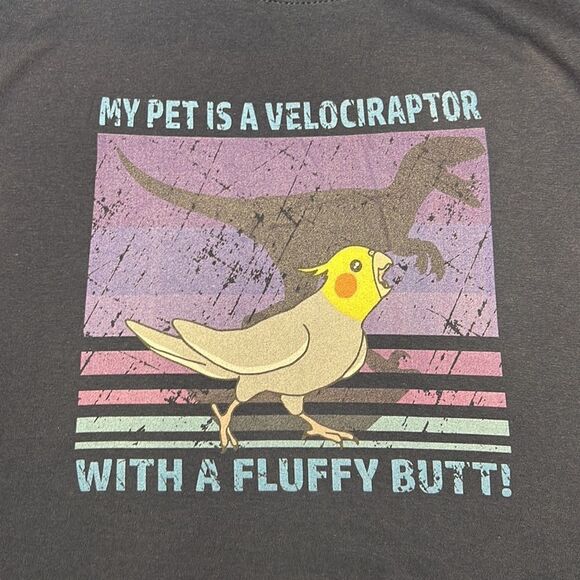 My Pet is a Velociraptor with a Fluffy Butt Blue Graphic Tee Size Small - Picture 1 of 6